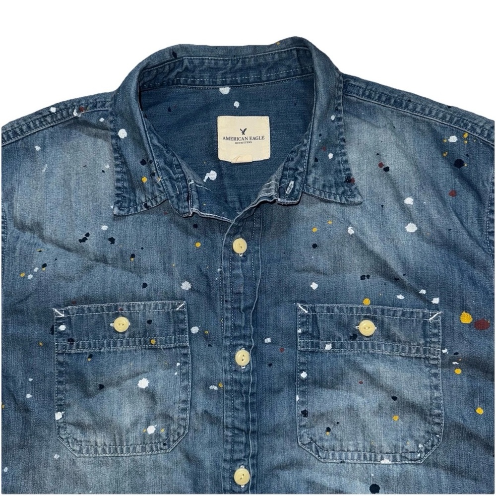 American eagles Denim Short Sleeve Shirt men's with Paint Splatter size M - Picture 2 of 5
